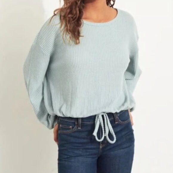 Hollister Open Back Teal Boyfriend Tie Front Waffle Knit Sweater Size Medium - Picture 1 of 6